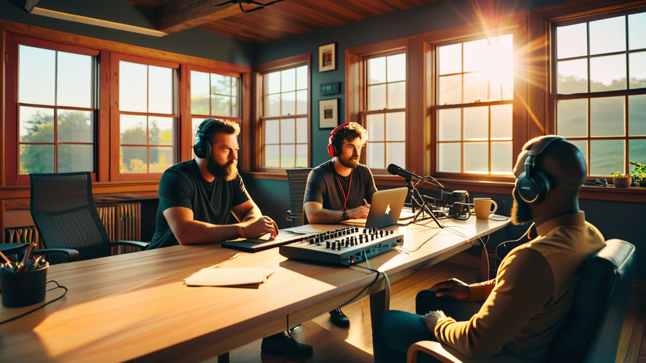  a vibrant studio scene showcasing diverse individuals collaborating on podcast production, with microphones, headphones, and sound mixing equipment. sunlight streams through large windows, illuminating notes and cups of coffee scattered across a modern table. hyperrealistic, full body, detailed clothing, highly detailed, cinematic lighting, stunningly beautiful, intricate, sharp focus, f/1. 8, 85mm, (centered image composition), (professionally color graded), ((bright soft diffused light)), volumetric fog, trending on instagram, trending on tumblr, HDR 4K, 8K