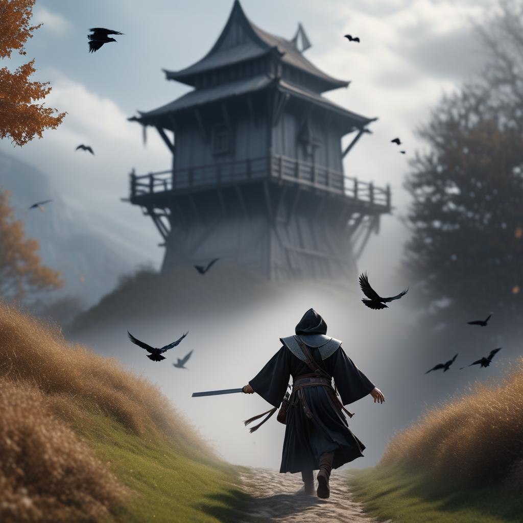  a dungeons & dragons monk being attacked by ravens near a old windmill photo realistic, highly intricate and detailed, masterpiece, ultra high res,photography,8k resolution