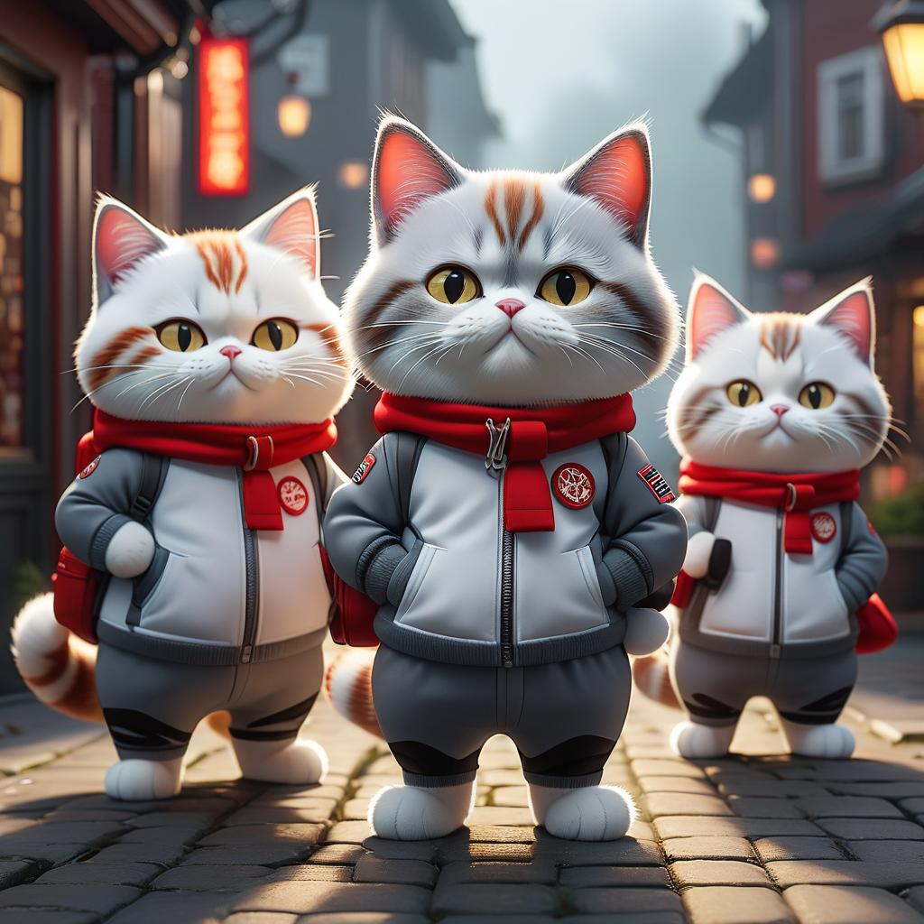  three cartoon cats : red white and grey, sticker hyperrealistic, full body, detailed clothing, highly detailed, cinematic lighting, stunningly beautiful, intricate, sharp focus, f/1. 8, 85mm, (centered image composition), (professionally color graded), ((bright soft diffused light)), volumetric fog, trending on instagram, trending on tumblr, HDR 4K, 8K