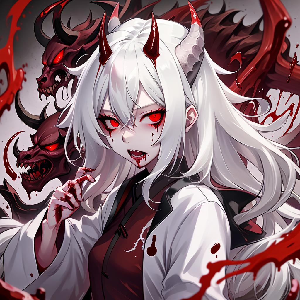  demon , white hair, asian, red shades, blood on the face, 