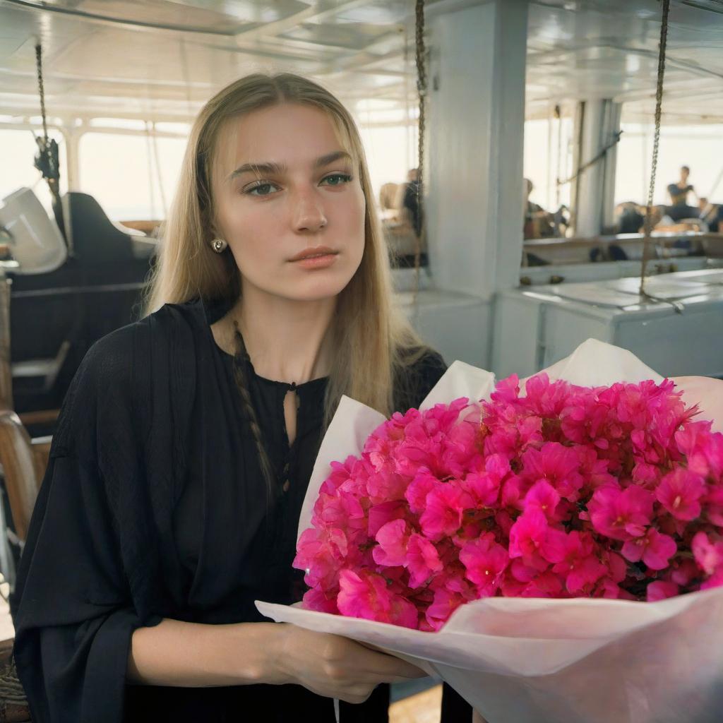  look younger, (very long fair hair), blondy hair, dressed in (closed black greek tunic) with (black greek trousers); maximum detail, maximum quality, specular lighting, shallow depth of field, smooth, cinematic film still, background on the see with a retro ship., film photography style