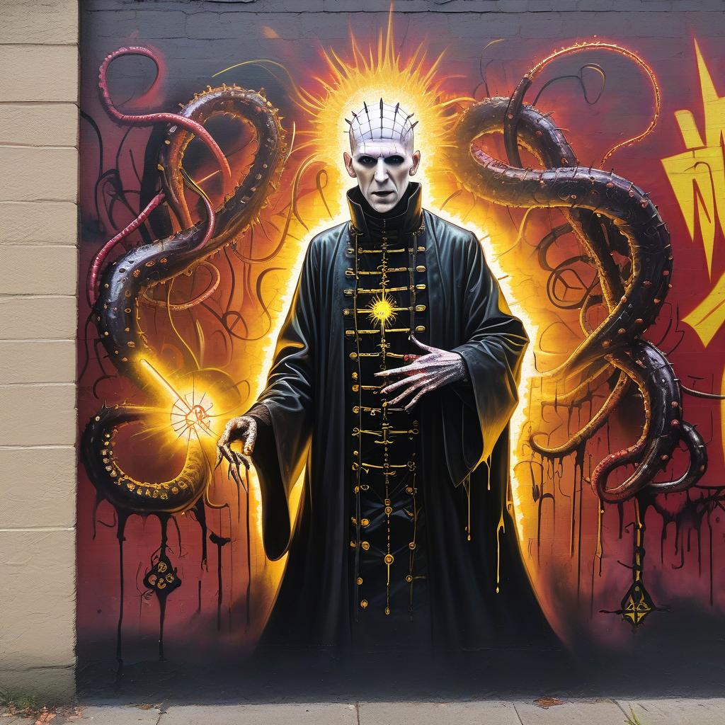  graffiti style hellraiser in a priest's robe in sticky shiny mucus bent down in the fog and the light of yellow lights smoke red sparks spikes horror lovecraft tentacles necronomicon and rings of slurry . street art, vibrant, urban, detailed, tag, mural