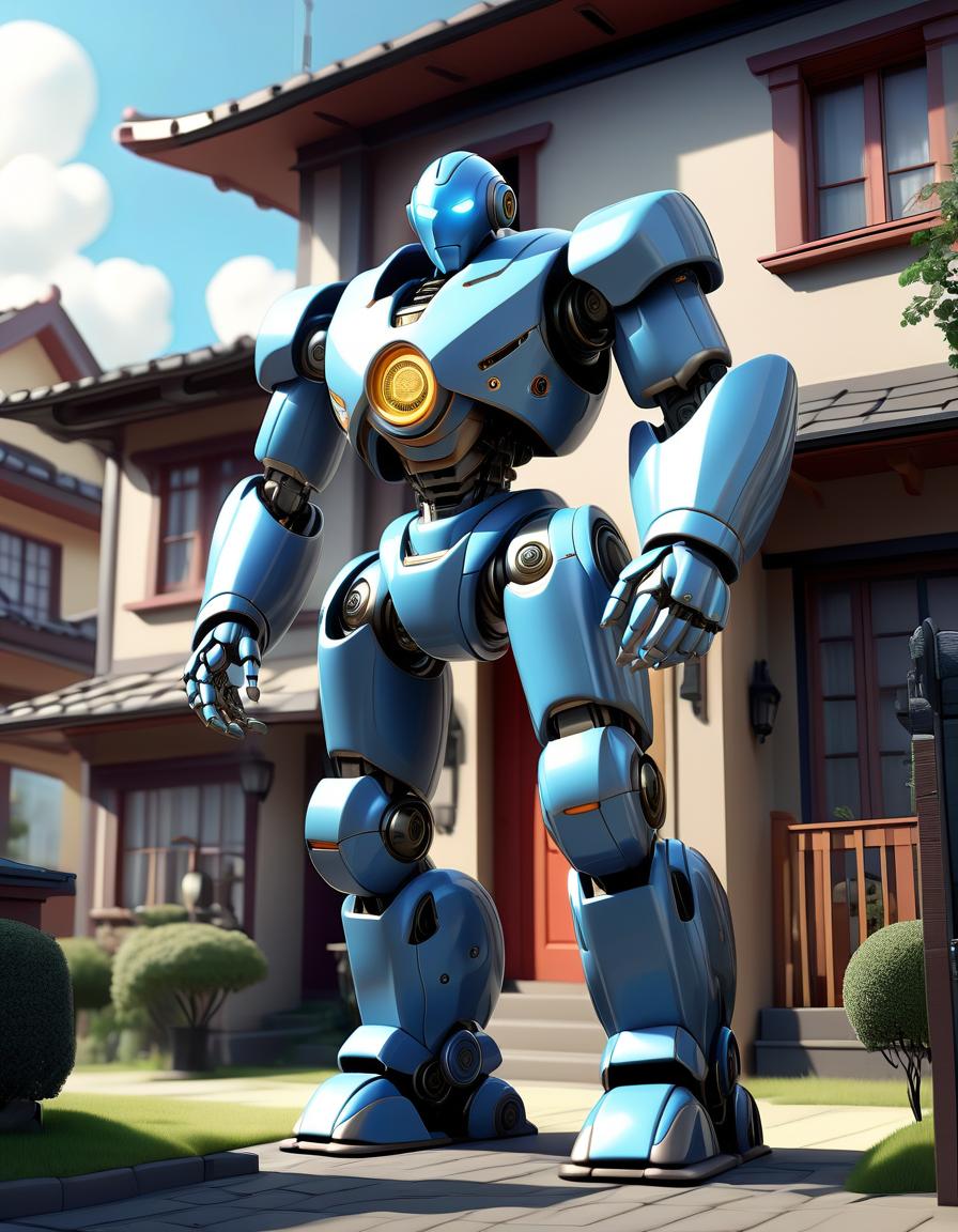  professional 3d model a 's dream of a robot hero: a stands in front of his house and looks at a huge robot that protected the city. a scene where ren's fantasies come to life in a 3d anime style. . octane render, highly detailed, volumetric, dramatic lighting