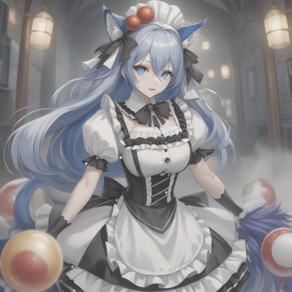  fox girl, blue eyes, black and white split hair, in maid costume, clown makeup hyperrealistic, full body, detailed clothing, highly detailed, cinematic lighting, stunningly beautiful, intricate, sharp focus, f/1. 8, 85mm, (centered image composition), (professionally color graded), ((bright soft diffused light)), volumetric fog, trending on instagram, trending on tumblr, HDR 4K, 8K