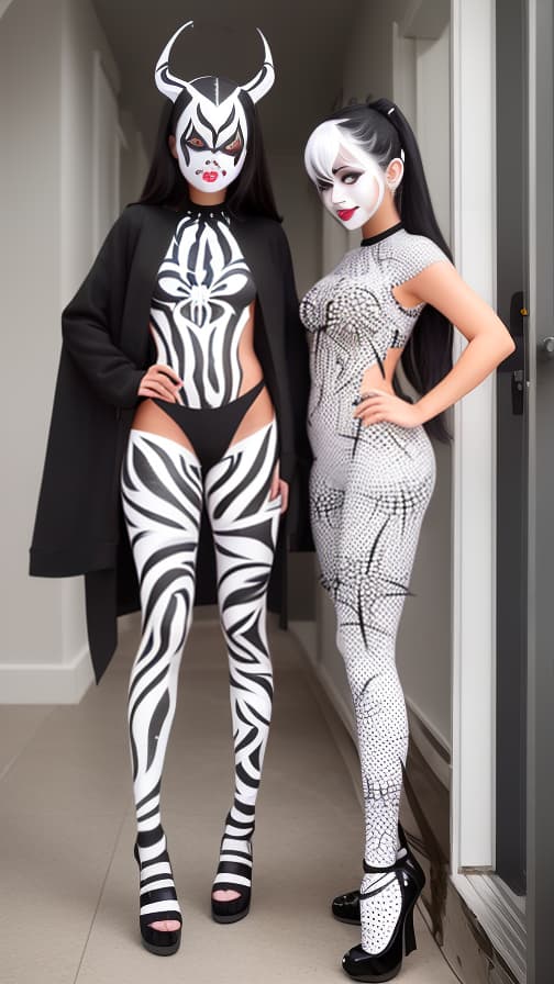  Black and White Spider-patterned body paint in every corner of the whole body, full-body, silver body paint, White face paint on the face,Two Dark elfs 女性