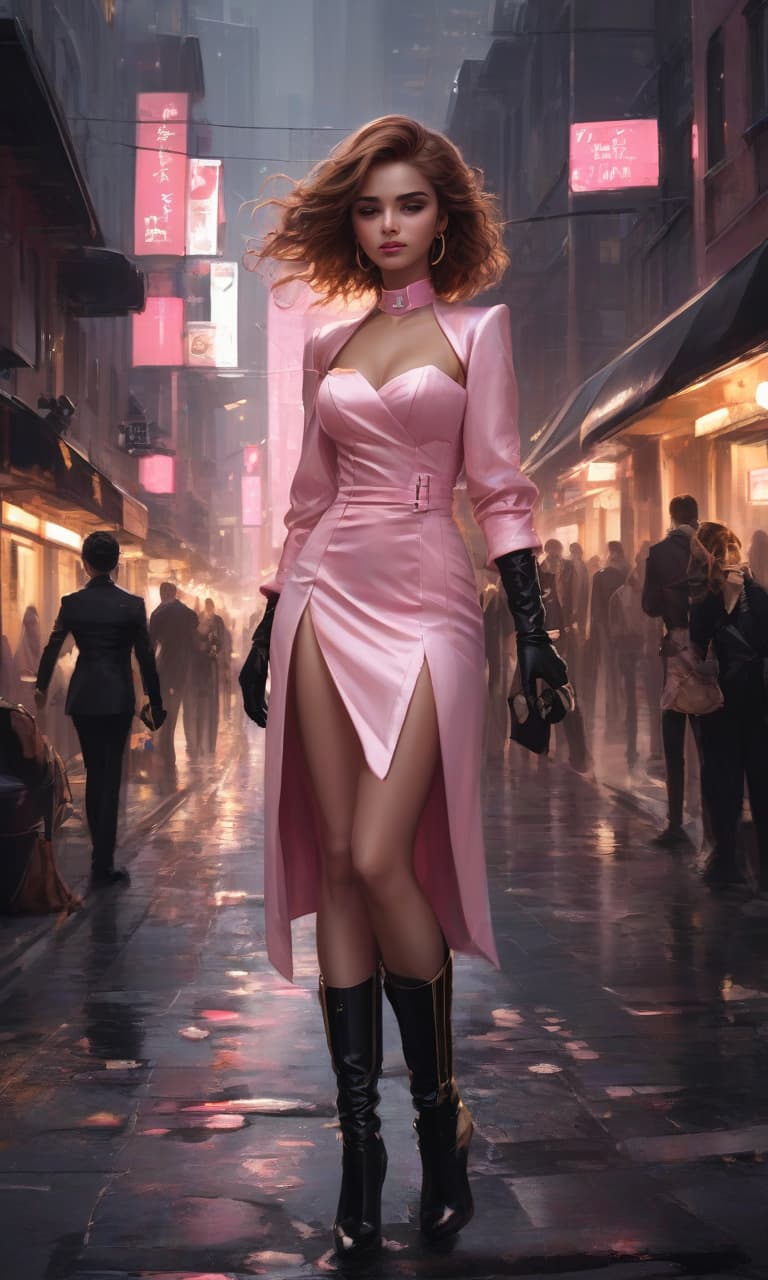  concept art color pink, white, black, gold at night, on the street of the city, the street is black and gold, there are people all in black suits around the girl and look at the girl, she is like a hermit, casts herself off them, she is in a pink dress, with chic hair, on her gloves, looks very expensive . digital artwork, illustrative, painterly, matte painting, highly detailed, perfect hands