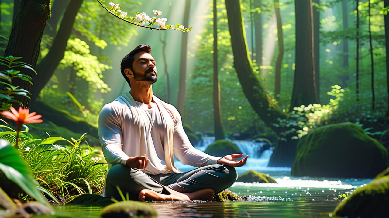  a serene scene of a person meditating in a sunlit forest, surrounded by vibrant greenery, flowing water, and blooming flowers, embodying balance and harmony in nature, reflecting the essence of holistic wellness. hyperrealistic, full body, detailed clothing, highly detailed, cinematic lighting, stunningly beautiful, intricate, sharp focus, f/1. 8, 85mm, (centered image composition), (professionally color graded), ((bright soft diffused light)), volumetric fog, trending on instagram, trending on tumblr, HDR 4K, 8K