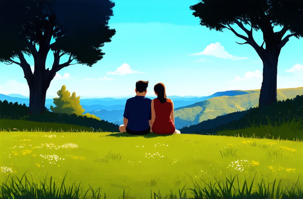  flat illustration, flaticon, (illustration:1.15), couple a man and a woman sit together bowing their heads on their shoulders and looking into the distance at a beautiful view relationships outdoor recreation dream travel family ar 3:2, [cory loftis, strobist, pascal campion :: 0.2]