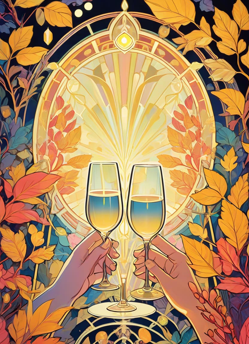  art deco style linear hologram. shiny contours, thin contour line. multicoloured contour. glow in the dark (contours: 1,4):: (male and female) hands. perfect shapes. champagne glasses in hands. romance, a date. on a surrealistically abstract background with brightly coloured leaves and bunches of mountain ash. richly nuanced colour palette, (emotional depth), elegant composition, glowing lights, yellow, electric colour. (decorative neon lines in gold colour). soft lighting. decorativeness, attention to detail. decorative excesses. stylistics: rococo, art nouveau, patterning, renaissance, stylisation. in the manner of the works of fragonard, alphonse mucha. high quality and detailing. . geometric shapes, bold colors, luxurious, elegant, deco