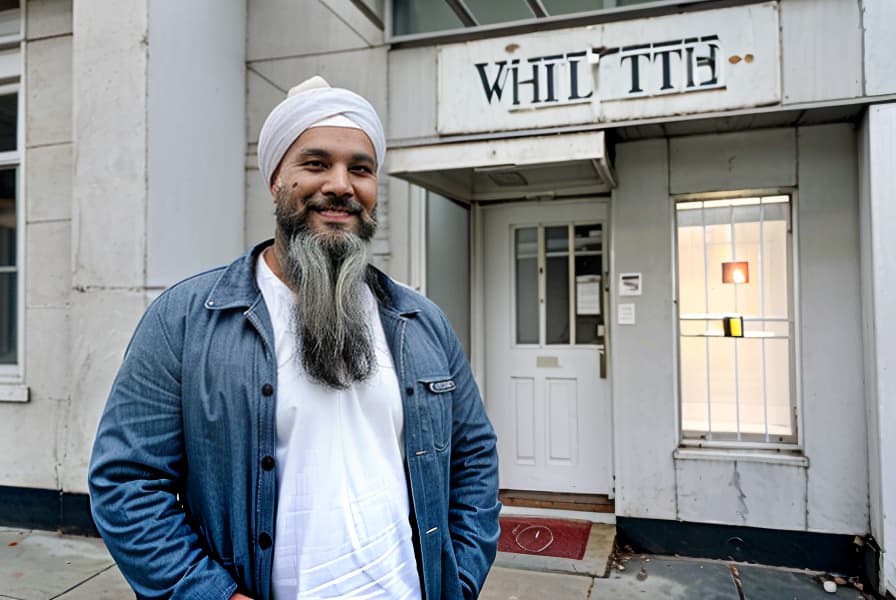  a man wearing a white turban and a long white beard stands in front of a building. he is wearing a white shirt and a dark blue jacket. the building has a sign that says "information" and a red stop sign. the man is smiling slightly, and he appears to be standing near a door of the building. the man is looking at the camera. convert this into a cartoonish picture also if there is a human or some object make their cartoonish version with proper detailing of face and other features  hyperrealistic, full body, detailed clothing, highly detailed, cinematic lighting, stunningly beautiful, intricate, sharp focus, f/1. 8, 85mm, (centered image composition), (professionally color graded), ((bright soft diffused light)), volumetric fog, trending on instagram, trending on tumblr, HDR 4K, 8K