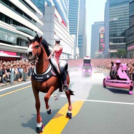  A horse driving a hover board on the road With a lot of crowd