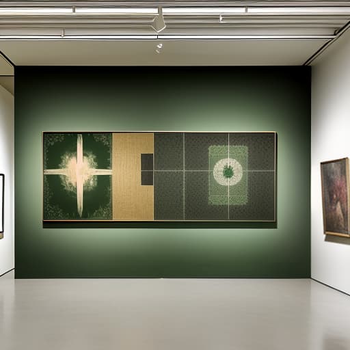 dvarchmodern art gallery, dimmed light, lighting on paintings, the color of the walls of dark green with a muted pattern, in the foreground picture, geometric , structural , aesthetic , by julius shulman, andreas gursky, iwan baan, berenice abbott, hiroshi sugimoto