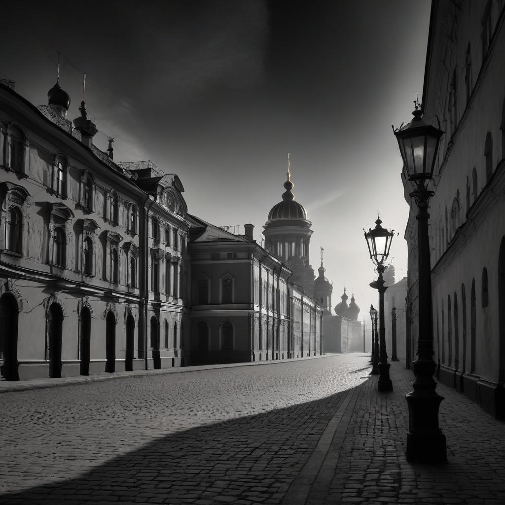  film noir style a panorama of old st. petersburg in fantasy style. . monochrome, high contrast, dramatic shadows, 1940s style, mysterious, cinematic