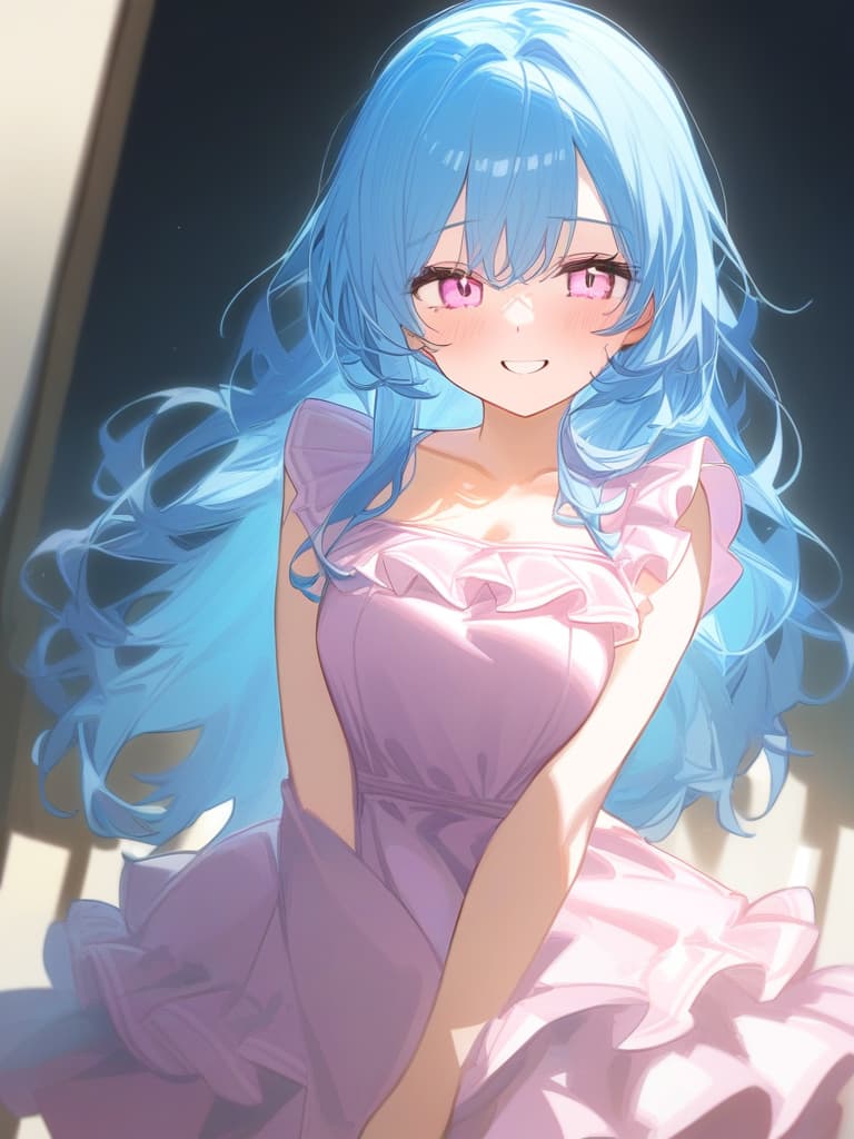  cute face focus,cute,light blue hair,light pink eyes,cute posing,frill onepiece,long hair,shy,smile,