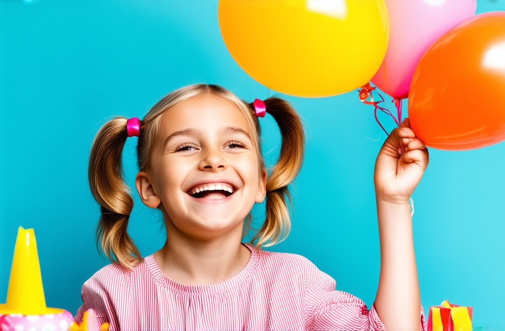  professional detailed photography, illustration of happy girl with two pigtails smiling and looking at balloons during birthday party ar 3:2, (muted colors, dim colors, soothing tones), (vsco:0.3)