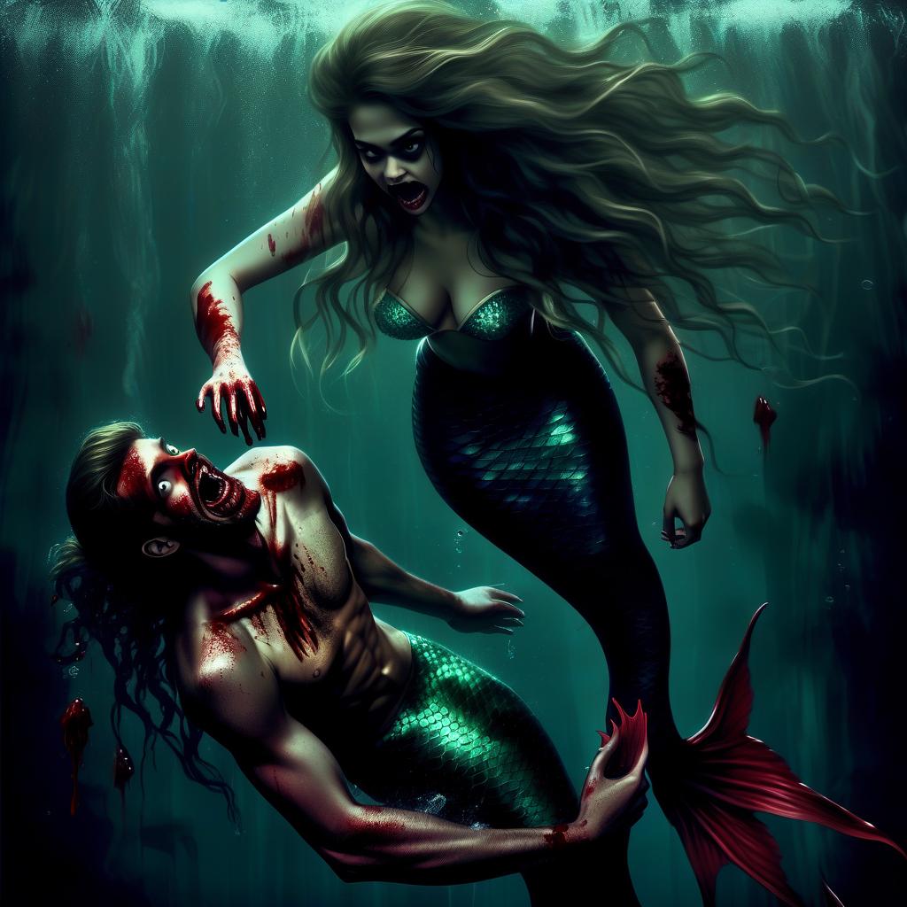  horror, art, creepy mermaid girl grabs the leg of a man and pulls to the bottom under dark water, he breaks out and he is afraid and he begins to vomit blood