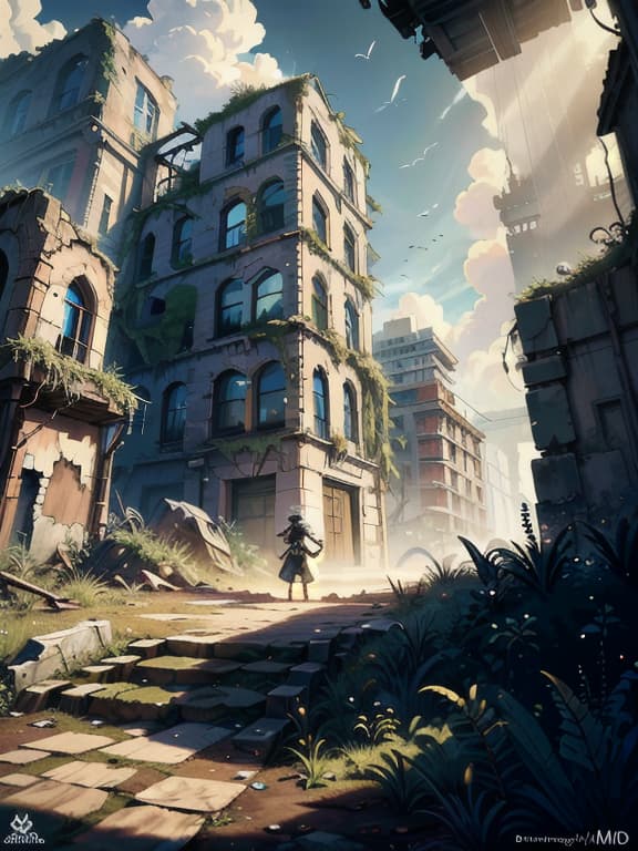  master piece, best quality, ultra detailed, highres, 4k.8k, Young , Exploring, examining, cautious, curious, Inquisitive, BREAK A young exploring a ruined landscape., Abandoned city, Damaged buildings, overgrown vegetation, broken street signs, rubble, BREAK Eerie, desolate, post apocalyptic, Soft sunlight filtering through the ruins, creating dramatic shadows, piratepunkai,GemstoneAI