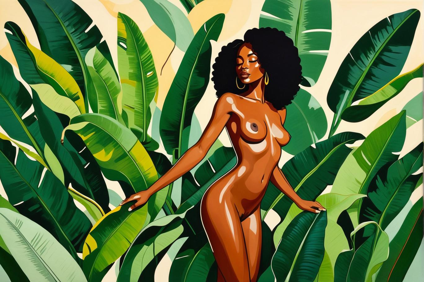  minimalism, a beautiful black woman surrounded by banana plant leaves. she is in a divine pose. their entire body. she is naked. semi minimalist painting, abstract, simple geometic shapes, hard edges, sleek contours, minimalism