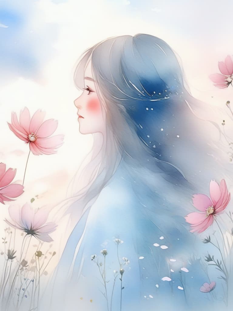  masterpiece,(pastel watercolor style with pink,light blue and white:1.5),(cosmos blooming meadow:1.5),(super beautiful girl),(long fluffy hair:1.2),,profile,sunset,high quality,8k