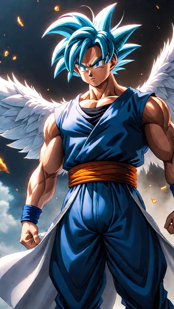  anime art: goku from dragon ball training with the angels, mastering ultra instinct and divine techniques. hyperrealistic, full body, detailed clothing, highly detailed, cinematic lighting, stunningly beautiful, intricate, sharp focus, f/1. 8, 85mm, (centered image composition), (professionally color graded), ((bright soft diffused light)), volumetric fog, trending on instagram, trending on tumblr, HDR 4K, 8K