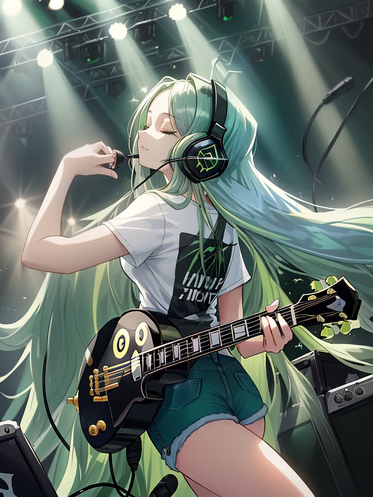  (white background:1.3),(extremely detailed fine touch:1.3),(hard light,studio light,light rays,dappled light,reflection,shadows,ray tracing:1.0),///,,(((green very long hair:1.3))),headphone,forehead,having a bird's eye view,anime style,super fine ilration,highly detailed,dynamic angle,beautiful detailed,8k,on stage break a woman,(((headphone:1.3))),on both ,strumming an electric guitar. she arches her back,closes her eyes and looks joyful. break a spotlight shines on her,(t shirt:1.3),(denim shorts:1.3),(black les paul custom:1.3)