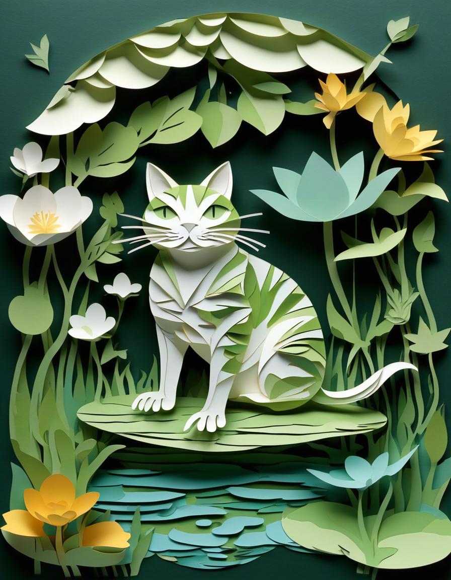  stacked papercut art of a cat interested, a frog on a nenuphar, painting . 3d, layered, dimensional, depth, precision cut, stacked layers, papercut, high contrast