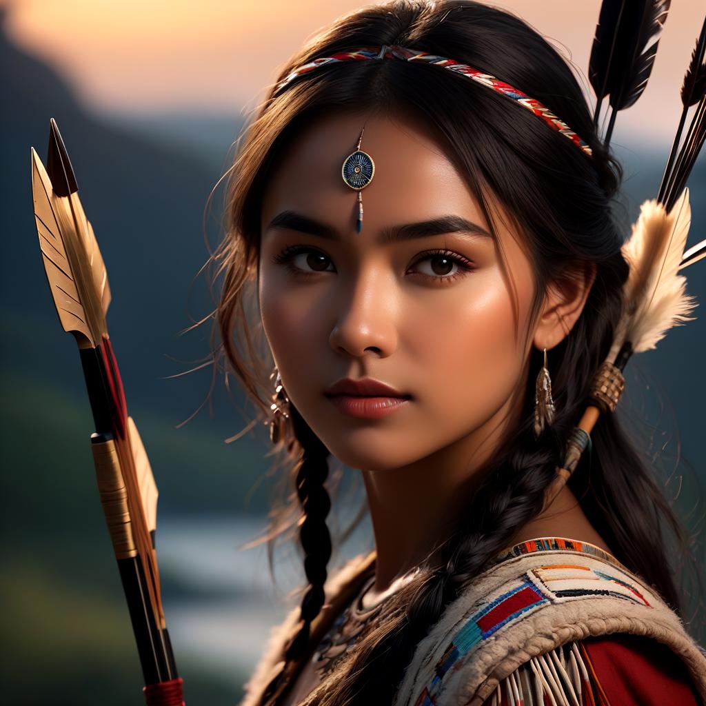  masterpiece, best quality,1girl, native american , mysterious expression, bow and arrow, nature background, dark skin, rim lighting, side lighting, cinematic light, ultra high res, 8k uhd, film grain, best shadow, delicate, raw, light particles, detailed skin texture, detailed cloth texture, beautifully detailed face, intricate details, ultra detailed, award winning, professional, highly detailed, masterpiece