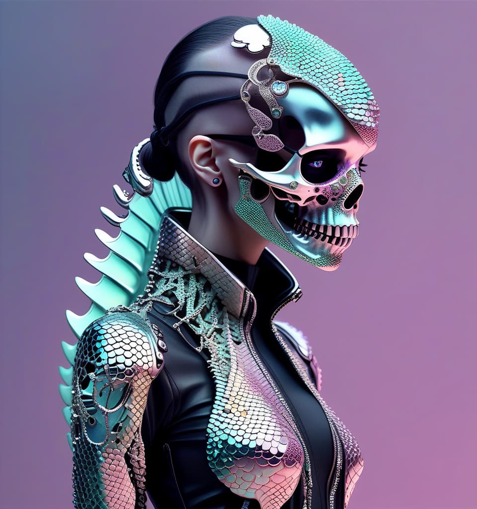  techwear fashion lizard scales. full length girl skull instead of face. chromium and precious stones, pastel tones. desert . futuristic, cyberpunk, urban, tactical, sleek, dark, highly detailed