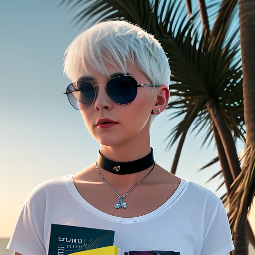  a woman with white hair, a short haircut "pixie" in sunglasses, a t shirt top, with a choker around her neck, stands against a neon sunset. in full height. in her hand holds a closed book. the cover reads "bringing out the trule." coast of the sea, shade of palm trees. digital photo. high detail. high realism.