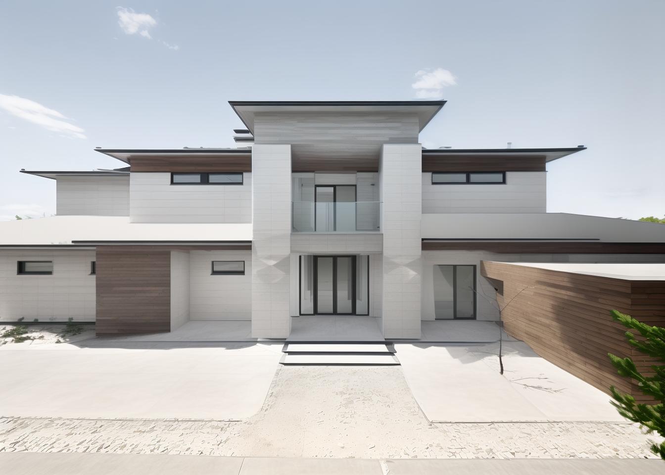  produce a rendering of a house facade with minimalist architecture. the design should emphasize simplicity with a flat roof, large uninterrupted surfaces, neutral color palette, and minimal decorative elements. include large glass panels and a clean, geometric layout to highlight the concept of less is more.