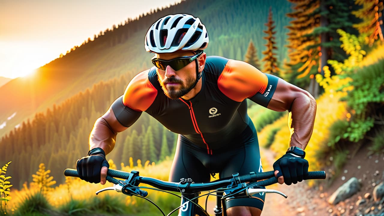  a muscular cyclist navigating a rugged mountain trail, sweat glistening on their toned arms, surrounded by towering trees and rocky terrain, with a vibrant sunset casting golden light over the scene. hyperrealistic, full body, detailed clothing, highly detailed, cinematic lighting, stunningly beautiful, intricate, sharp focus, f/1. 8, 85mm, (centered image composition), (professionally color graded), ((bright soft diffused light)), volumetric fog, trending on instagram, trending on tumblr, HDR 4K, 8K