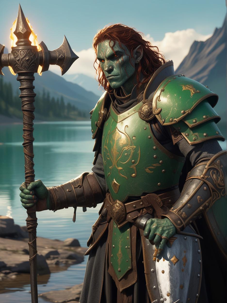  A dnd character, a male githzerai paladin of life, with green/grey skin and big brown freckles, holding a compact iron mace in a hand and a shield with a metal face , with as background a huge mountain illuminated by a golden light and surrounded by a glowing lake