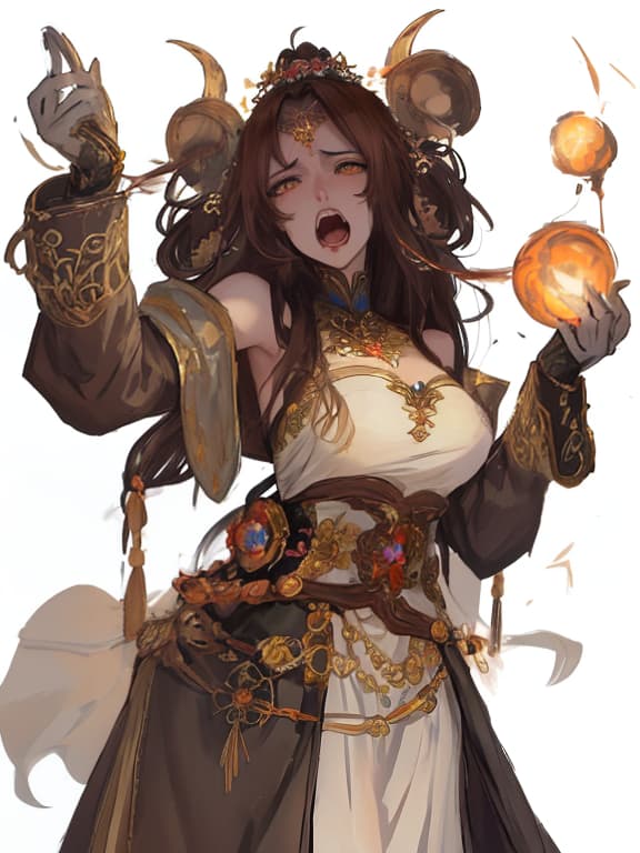  Anime art, highly detailed, a goddess who created souls, She has brown hair, amber eyes, strong physique, wearing a white dress with open shoulders, a lot of embroidery with gold and flowers behind her, she's so enraged that she wants to destroy the whole world, her mouth is open in a scream and light is pouring out of her eyes, a dynamic effect, the goddess slightly tilted her head to the right. hyperrealistic, full body, detailed clothing, highly detailed, cinematic lighting, stunningly beautiful, intricate, sharp focus, f/1. 8, 85mm, (centered image composition), (professionally color graded), ((bright soft diffused light)), volumetric fog, trending on instagram, trending on tumblr, HDR 4K, 8K