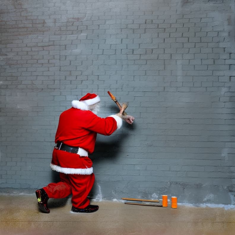  a man with a white beard mid to late 40s wearing a full red santa suit with white cuffs, black boots painting a long wall with a paint roller and an extension pole .