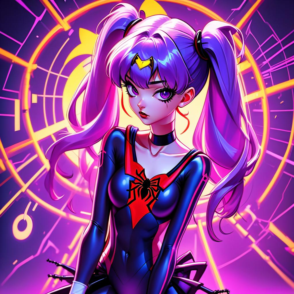  anime artwork gothic style, anime, girl with purple hair, one ponytail on her head, sailor moon costume, gwen stacey costume, spider, spider man, cyberpunk, neon, gothic makeup, frowny face . anime style, key visual, vibrant, studio anime, highly detailed, hkmagic