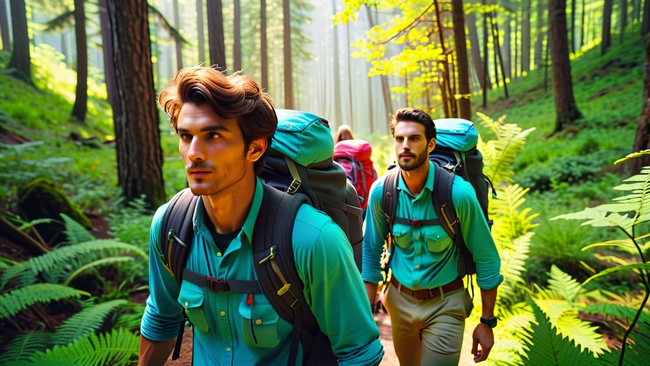  a vibrant scene depicting a diverse group of backpackers aged 25 40 hiking through a lush forest trail, with backpacks, colorful gear, and sunlit mountains in the background, capturing the spirit of adventure. hyperrealistic, full body, detailed clothing, highly detailed, cinematic lighting, stunningly beautiful, intricate, sharp focus, f/1. 8, 85mm, (centered image composition), (professionally color graded), ((bright soft diffused light)), volumetric fog, trending on instagram, trending on tumblr, HDR 4K, 8K