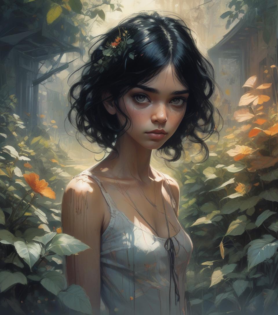  concept art complex background, dramatic light,portrait of a girl , garden, beautiful and young, black hair , cute, delicate face, stunning, cinematic, by melanie delon, rebecca sugar, frank frazetta, carne griffiths . digital artwork, illustrative, painterly, matte painting, highly detailed