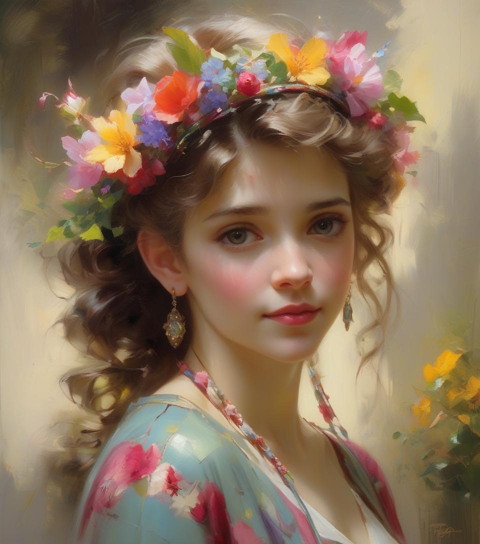  hyperrealistic art ((amazing quality, award winning, intricately detailed, ultra realistic, extremely detailed 8k)), ((oil painting by pino daeni, daniel gerhartz)) portrait of fairy lady, floral headband, faded art . extremely high resolution details, photographic, realism pushed to extreme, fine texture, incredibly lifelike