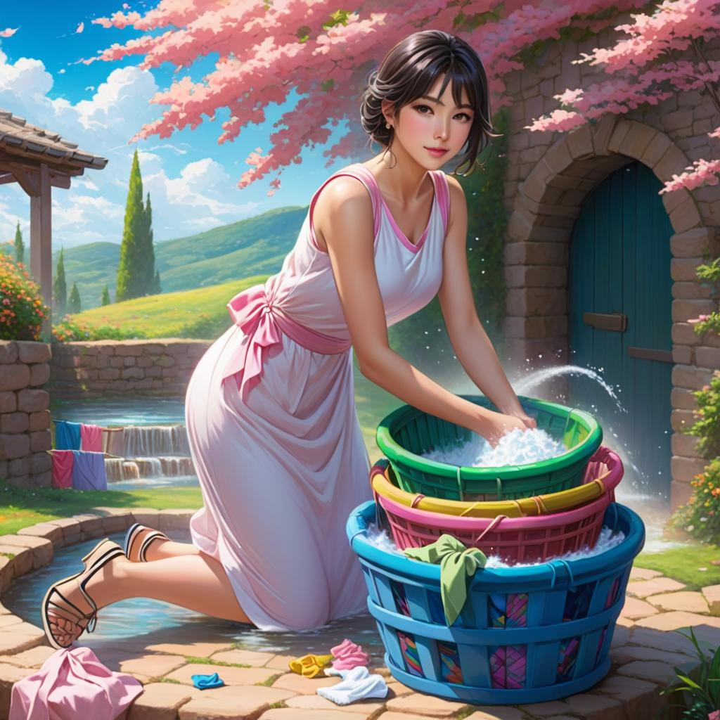  ### scene 2: washing clothes **description**: a graceful woman is washing colorful clothes in a basin next to the well. she is dressed in a flowing white and soft pink sleeveless dress. a basket of laundry sits nearby., anime artwork, anime style, key visual, vibrant, studio anime, highly detailed