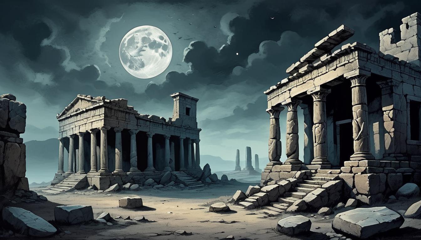  on parchment, surrealism+++, ancient ruins under a darkened sky, moon casting eerie shadows, weathered stones tell stories of forgotten worth, abandoned, lost potential.(mysterious, provocative, symbolic,muted color)+++