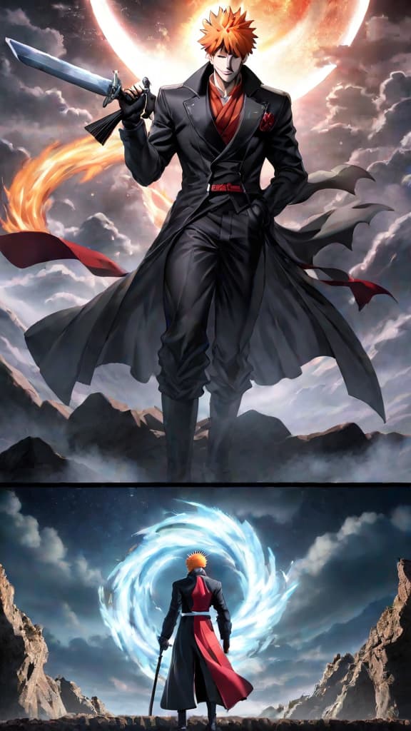  anime art: ichigo kurosaki's hidden secret quincy bloodline fused with hollow essence. hyperrealistic, full body, detailed clothing, highly detailed, cinematic lighting, stunningly beautiful, intricate, sharp focus, f/1. 8, 85mm, (centered image composition), (professionally color graded), ((bright soft diffused light)), volumetric fog, trending on instagram, trending on tumblr, HDR 4K, 8K