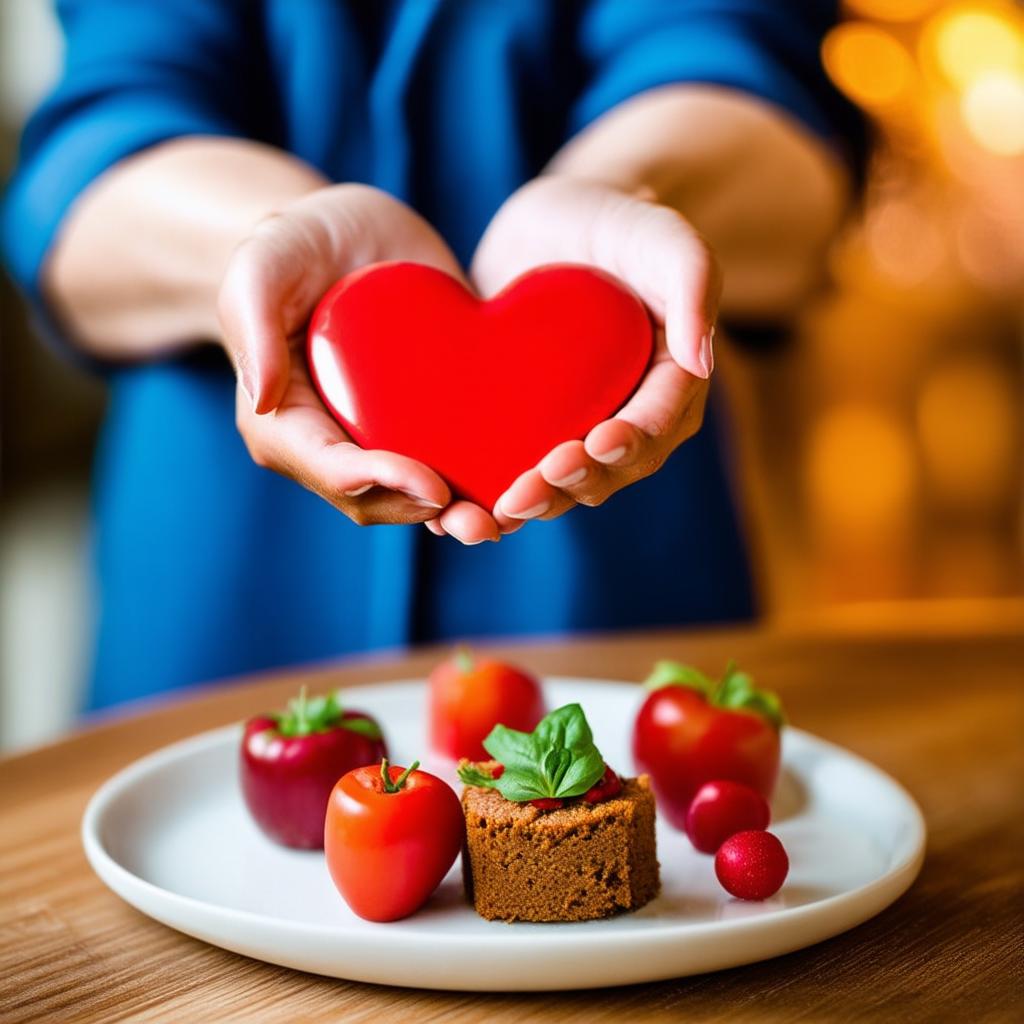  food gourmet photography style, woman holding red heart in hands, appetizing, professional, culinary, high resolution, commercial, highly detailed ,soft natural lighting, macro details, vibrant colors, fresh ingredients, glistening textures, bokeh background, styled plating, wooden tabletop, garnished, tantalizing, editorial quality