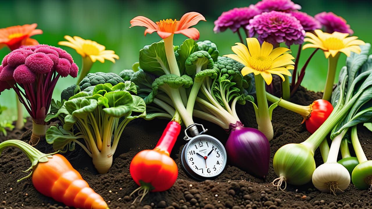  a vibrant garden scene showcasing various vegetables sprouting in different stages, with colorful spring flowers, a sunny sky, and a calendar page marked with seasonal indicators, surrounded by gardening tools and rich soil. hyperrealistic, full body, detailed clothing, highly detailed, cinematic lighting, stunningly beautiful, intricate, sharp focus, f/1. 8, 85mm, (centered image composition), (professionally color graded), ((bright soft diffused light)), volumetric fog, trending on instagram, trending on tumblr, HDR 4K, 8K