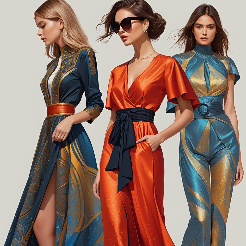  concept art fashion illustration, women wearing adhering clothes, modern, futuristic, fantasy. digital artwork, illustrative, painterly, matte painting, highly detailed