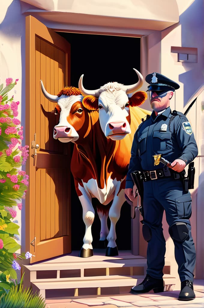  two cows at house door dressed as police , 4k