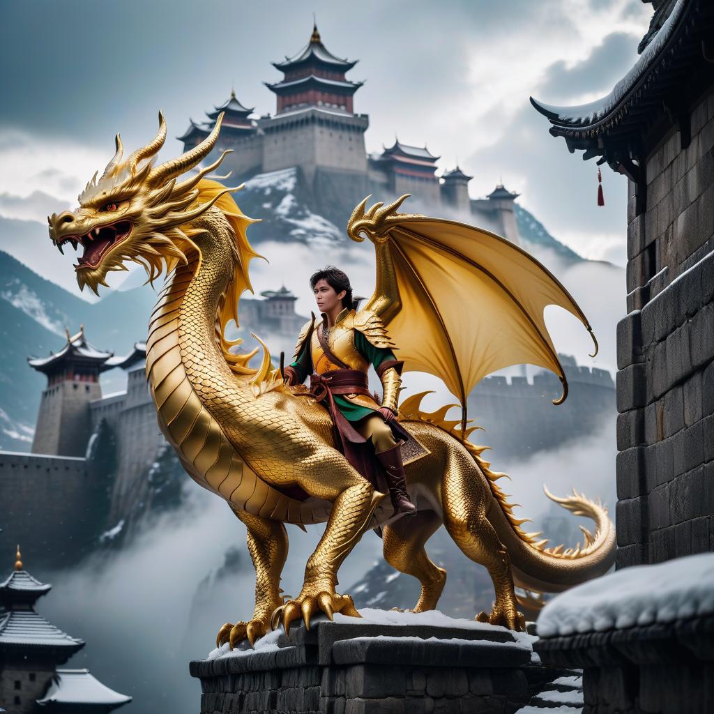  cinematic photo the golden dragon carries a beautiful elf on his back, descends from the gloomy sky in snow clouds to the wall of the fortress. . 35mm photograph, film, bokeh, professional, 4k, highly detailed, civitai, hkmagic