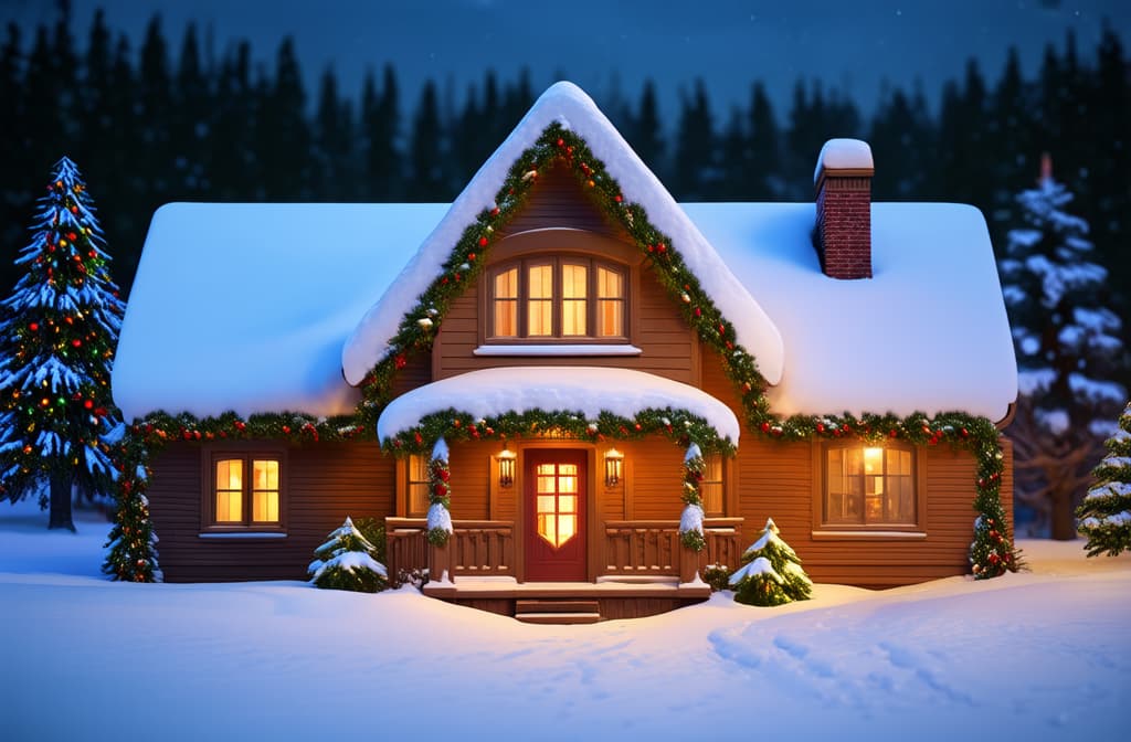  epic realistic, hyperdetailed, (cycles render:1.3), caustics, (glossy:0.58), (artstation:0.82),beautiful house in the snow, decorated with garlands for christmas ar 3:2