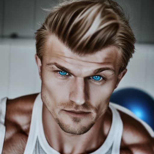 portrait+ style Russian LGBT queer fitness trainer blonde hunk dilf dude face