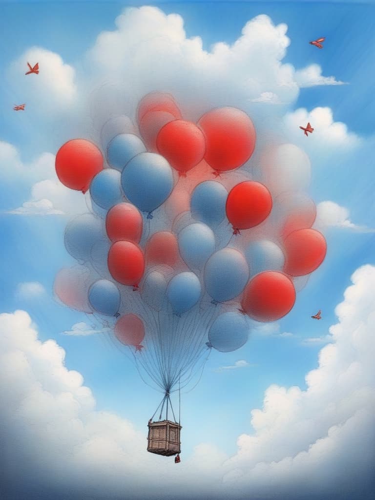  masterpiece,(((no human))),(((no body))),(only big red balloon in the sky🎈),風景画,blue sky,white clouds,fairy tale style,crayon drawing,gentle colors,delicate,detailed,