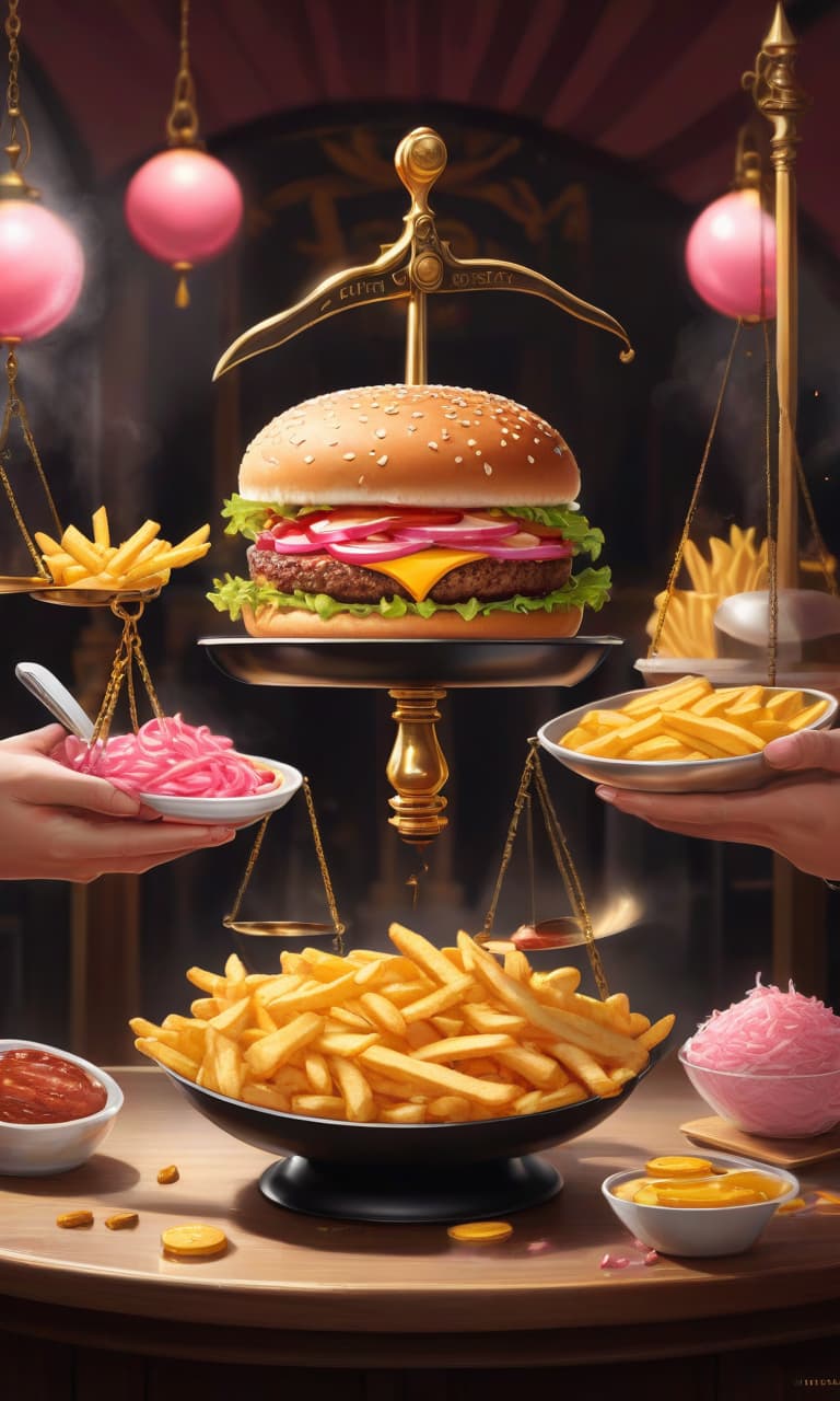  concept art tarot color pink, white, black, gold courtroom, weights, on one bowl of scales fries and juicy mcdonald's burger, on the other bowl of scales fries and burger . digital artwork, illustrative, painterly, matte painting, highly detailed, perfect hands